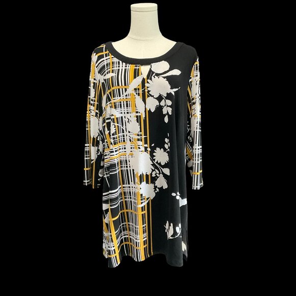 Yellow/Black/White Plaid & Floral Print Tunic Top - Picture 1 of 3